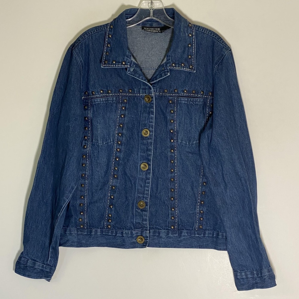 New Direction Jacket Womens XL Blue Denim Studded Button Front Pockets Casual